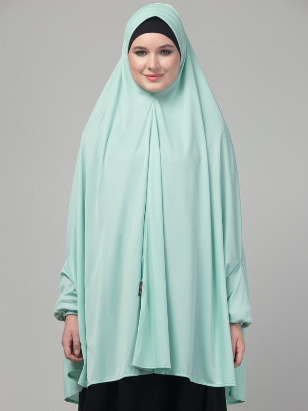 Mint green stretchable knee length jilbab cum prayer khimer hijab