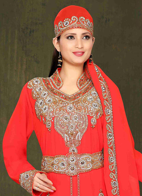 Red embroidered georgette islamic kaftan