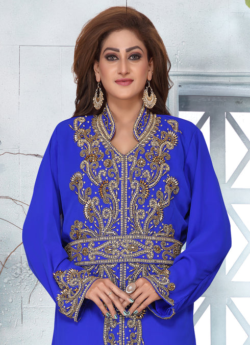 Ink Blue Georgette Hand Embroidered Kaftan With Hijab