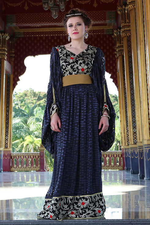 Embroidery work kaftan gray and black net brasso arabic style