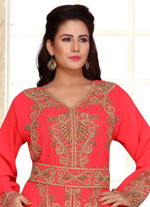Pink embroidered georgette islamic kaftans with hijab