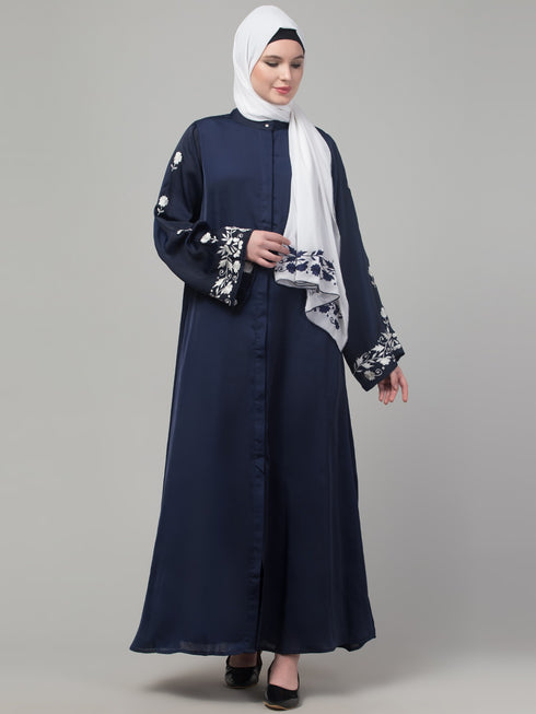 Navy thread embroidered sleeve abaya with contrast hijab