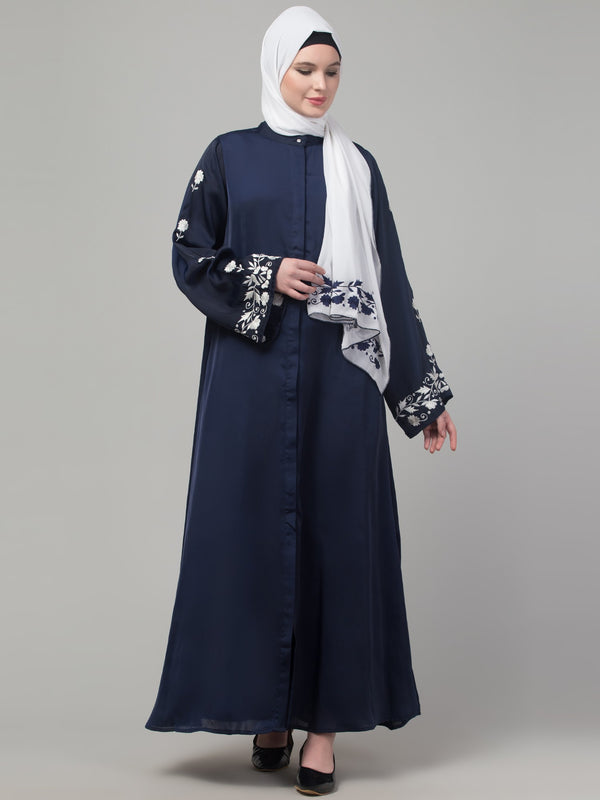 Navy thread embroidered sleeve abaya with contrast hijab