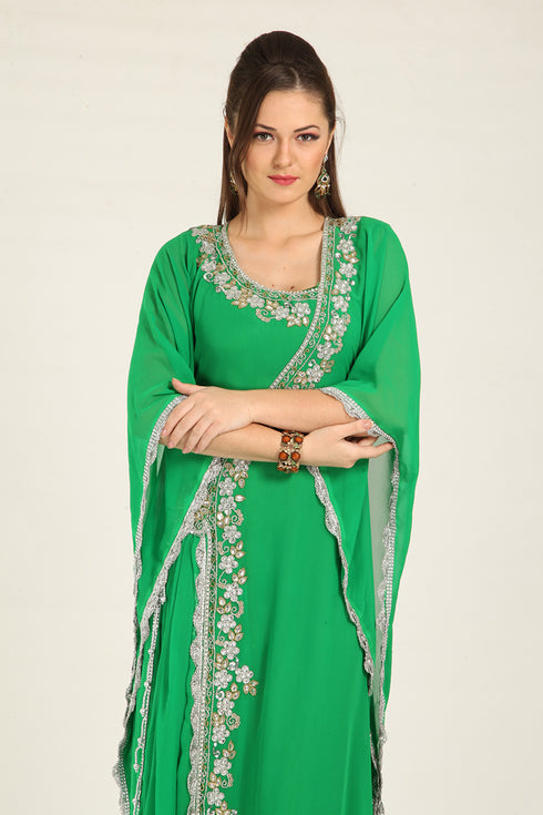 Parrot green designer islamic hand beaded takchita kaftan