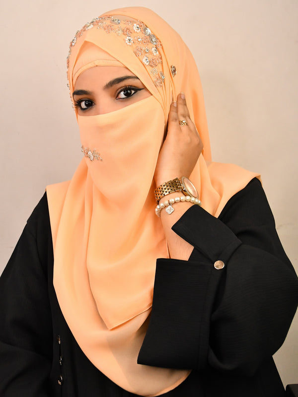 Peach luxury bridal wedding wear hijab scarf with handwork naqab