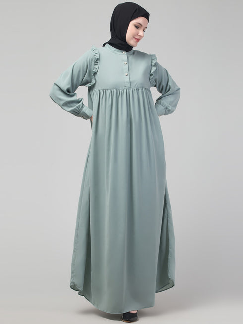 Sage waist frill cuff sleeves flare abaya with hijab