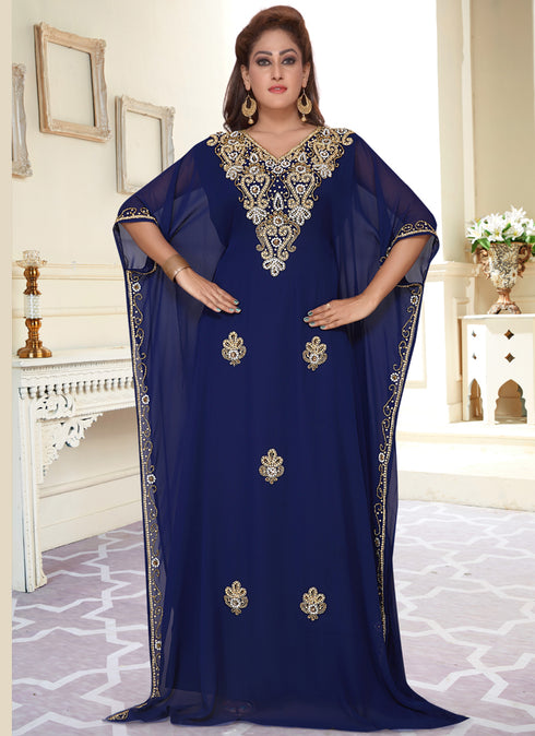 Blue embroidered georgette islamic-kaftans With Sun-proof hijab.