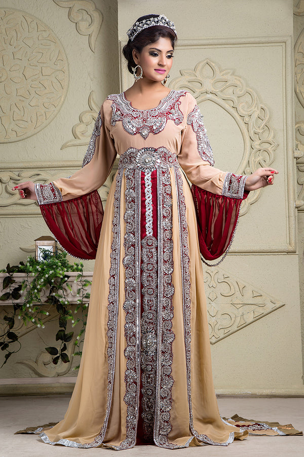 Beautiful arabic muslin wedding cream and maroon bridal kaftan