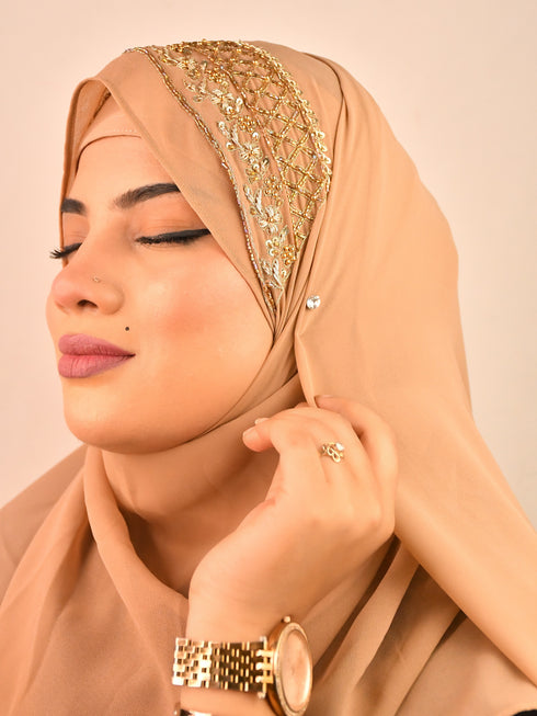beige bridal hijab with handwork