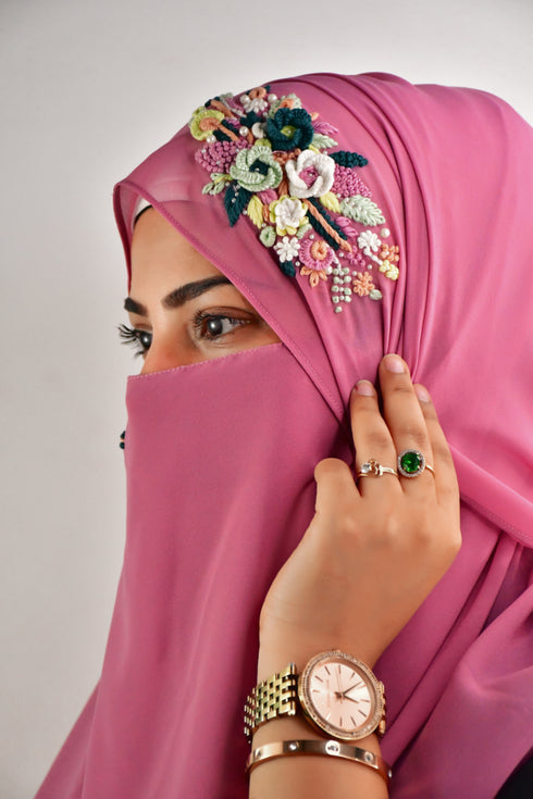 pink threadwork partywear| wedding| bridal handwork hijab with naqab