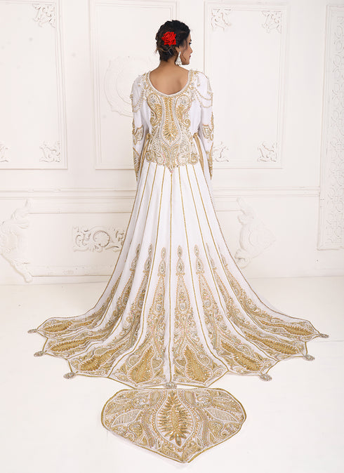 White unique wedding hand beaded long sleeve maxi arabic moroccan takchita kaftan