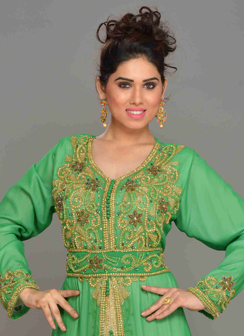 Green embroidered georgette islamic kaftans With Sun-proof hijab.