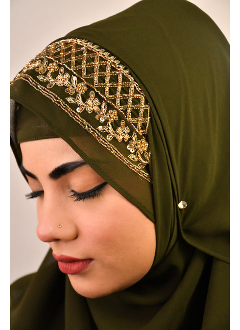 Mehandi green luxury bridal wedding wear hijab scarf with handwork