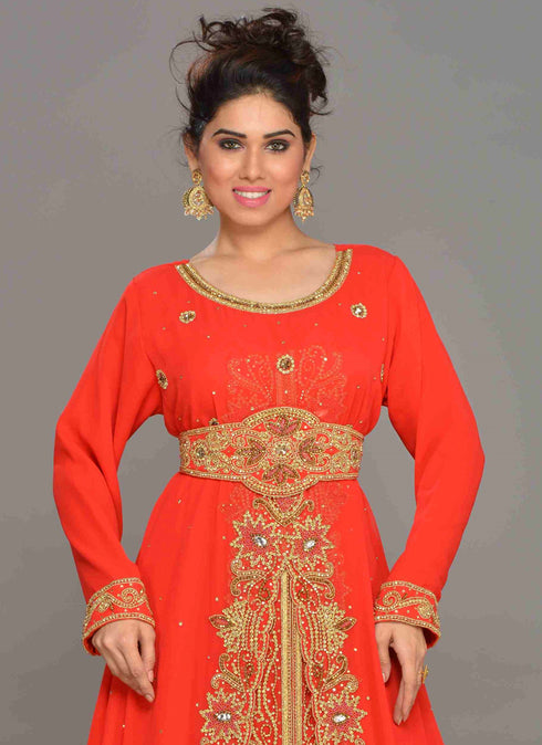 Red embroidered georgette islamic kaftans With Sun-proof hijab.