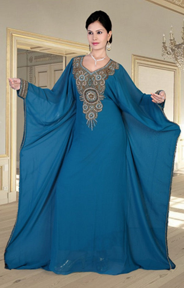Teal embroidered georgette islamic-kaftans