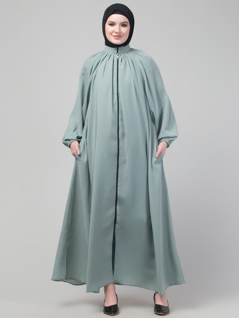 Sage matt nida front zip elastic sleeve abaya with hijab
