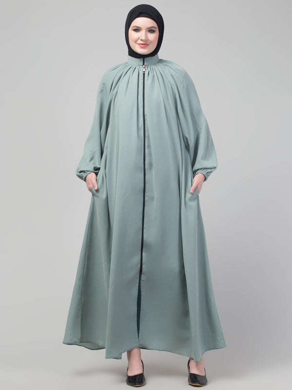 Sage matt nida front zip elastic sleeve abaya with hijab