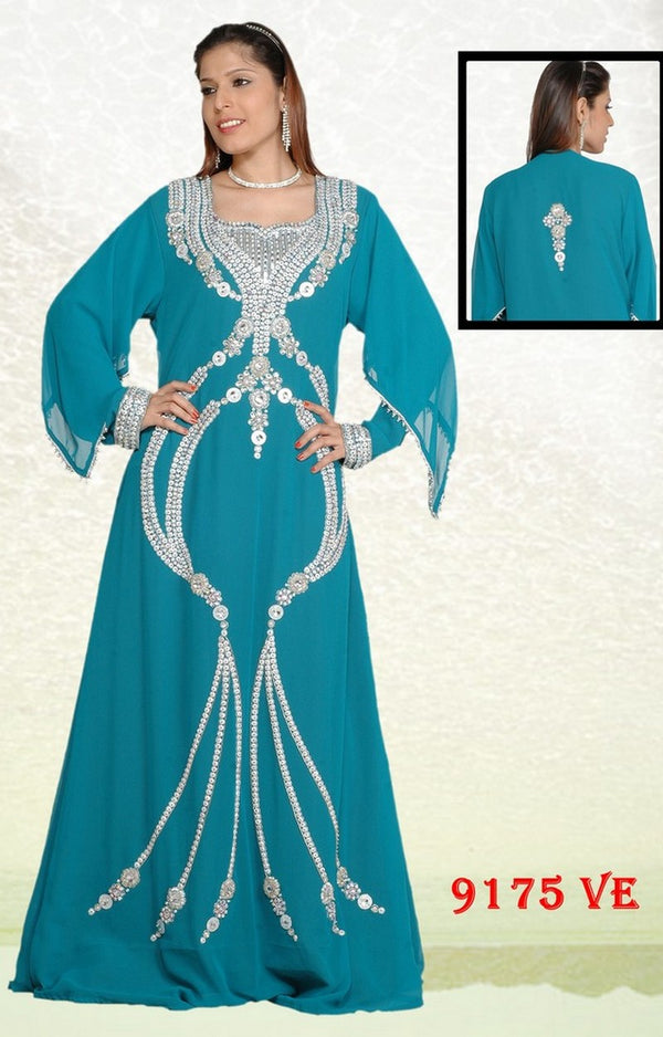 Teal-blue embroidered georgette islamic-kaftans