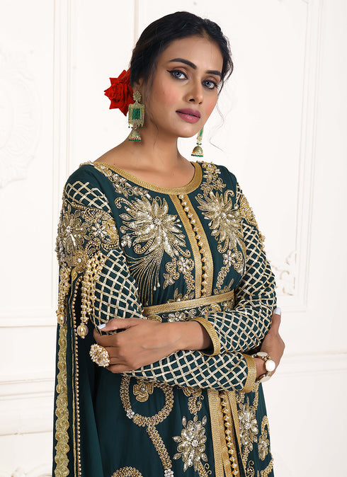 Bottle green good looking wedding hand beaded long sleeve maxi arabic moroccan islamic designer takchita kaftan