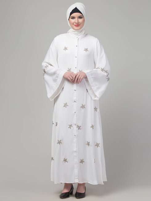 White sequins hand embroidered abaya with embroidered hijab