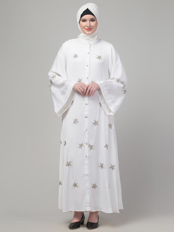 White sequins hand embroidered abaya with embroidered hijab