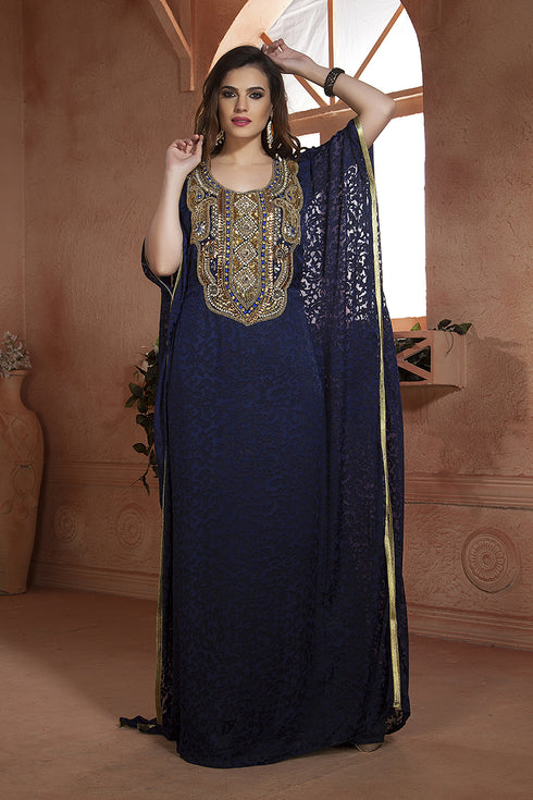 Dark blue modern kaftan dress hand beaded