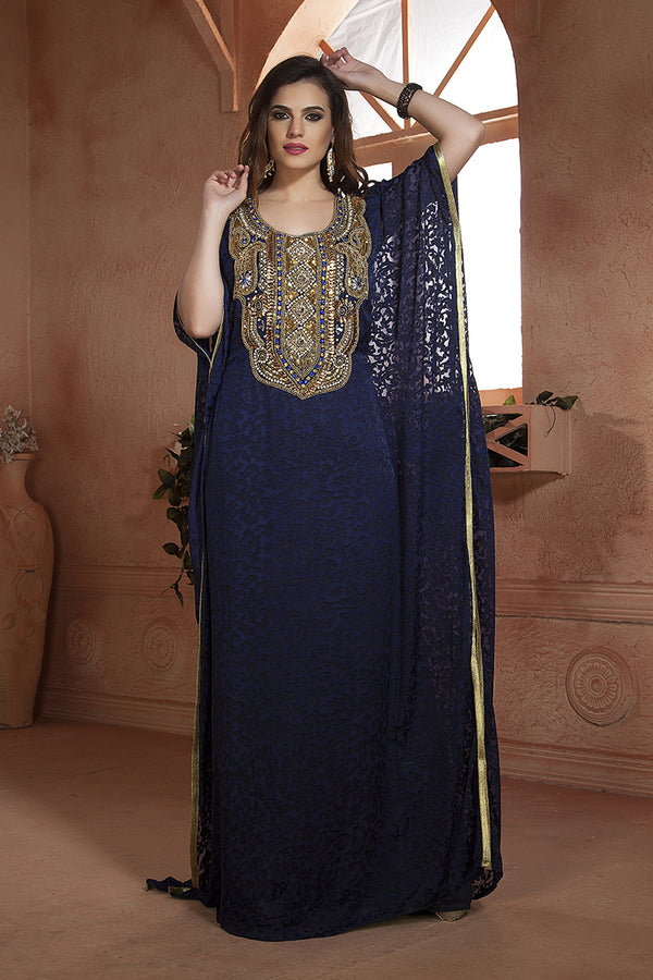 Dark blue modern kaftan dress hand beaded