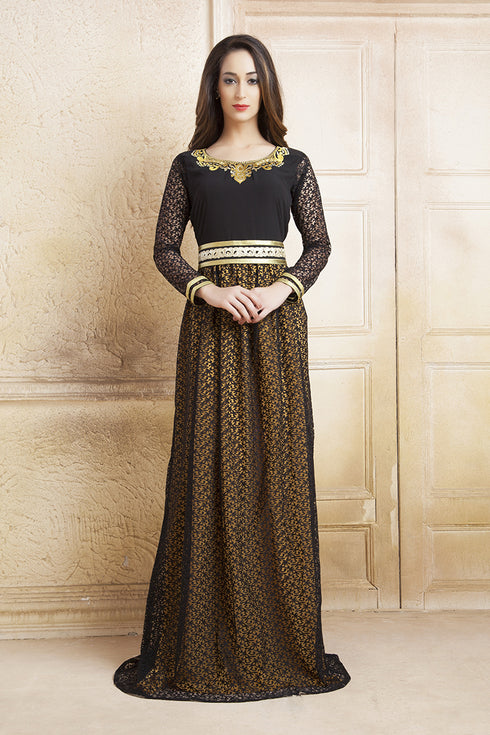 Yellow and black net brasso thread work arab dubai style kaftan