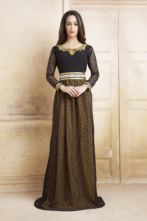 Yellow and black net brasso thread work arab dubai style kaftan