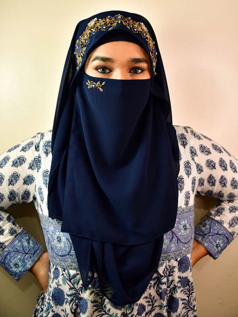 wrap my hijab handwork hijab naqab navy blue