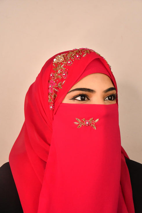 Wrap My Hijab Rani Pink Embroidered Hijab Scarf – Floral Beaded Design, 60×39 cm