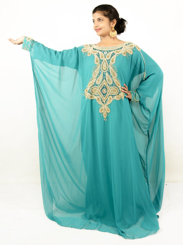 Teal embroidered georgette islamic kaftans