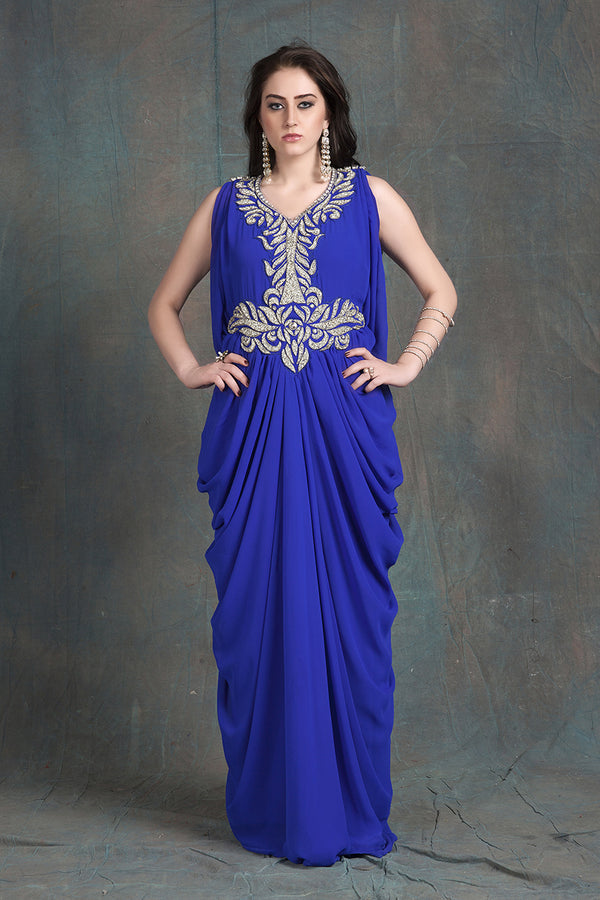 Blue sleeveless kaftan dress-georgette hand beaded designer kaftan