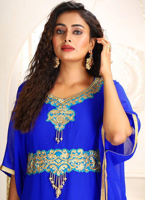 Women blue designer embroidery islamic kaftan