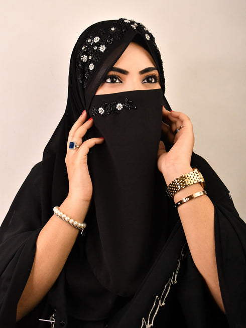 Black luxury bridal wedding wear hijab scarf with handwork naqab
