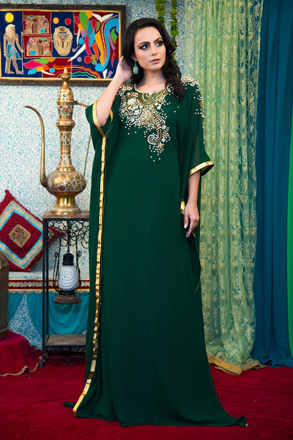 Dark green georgette designer kaftan