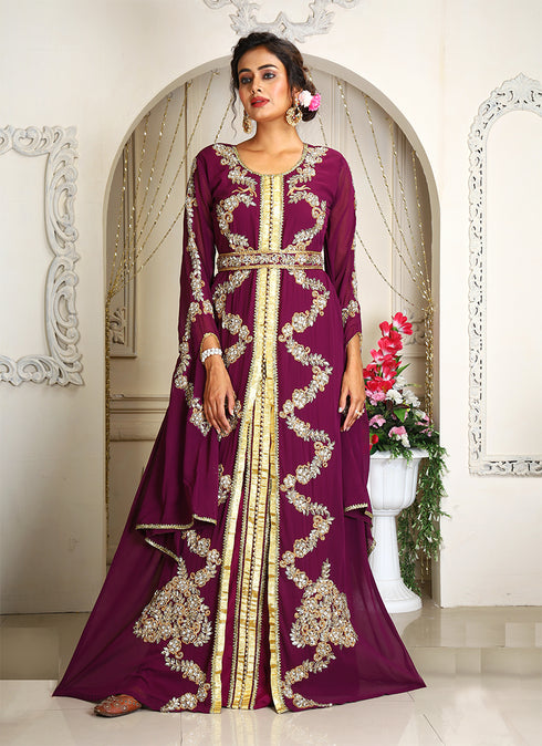 Violet designer hand beaded moroccan party wedding kaftan