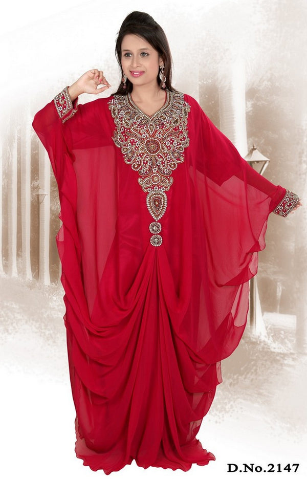 Red embroidered georgette islamic-kaftans