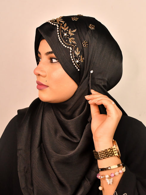 Black luxury bridal wedding wear hijab scarf with handwork