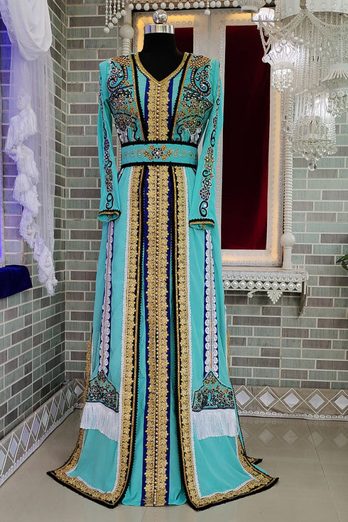 Mint firozi islamic designer embroidery kaftan israeli party wedding kaftan