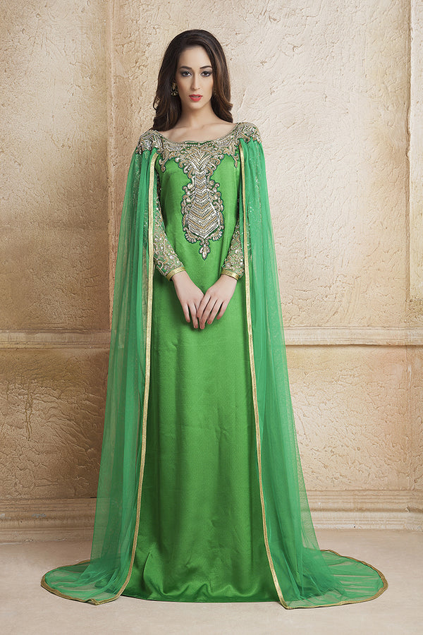 Green designer handmade arabic moroccan muslim long sleeve wedding caftan with vail