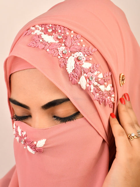 Pink party wear hijab scarf with handwork naqab