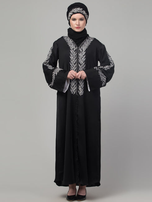 Black embroidery work reversable cuff abaya with embroidered hijab