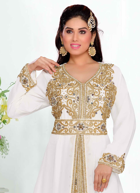 White embroidered georgette islamic kaftans With Sun-proof hijab.