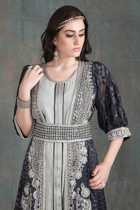 Gray designer brasso fabric hand beaded moroccan party wedding kaftan