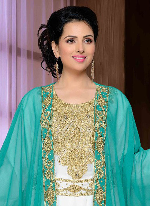 Sea-green embroidered georgette islamic kaftan