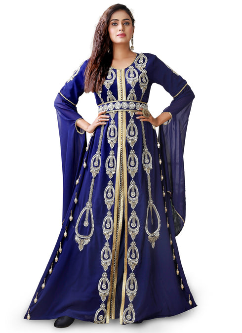 Women dark blue designer islamic moroccan style hand beaded wedding takchita kaftan