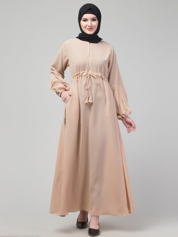 Beige adjustable waist pleated sleeve abaya with hijab