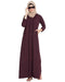maroon front open abaya with ruffled panels and side pockets.