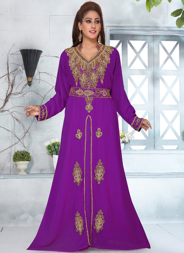 Purple embroidered georgette islamic-kaftans with hijab